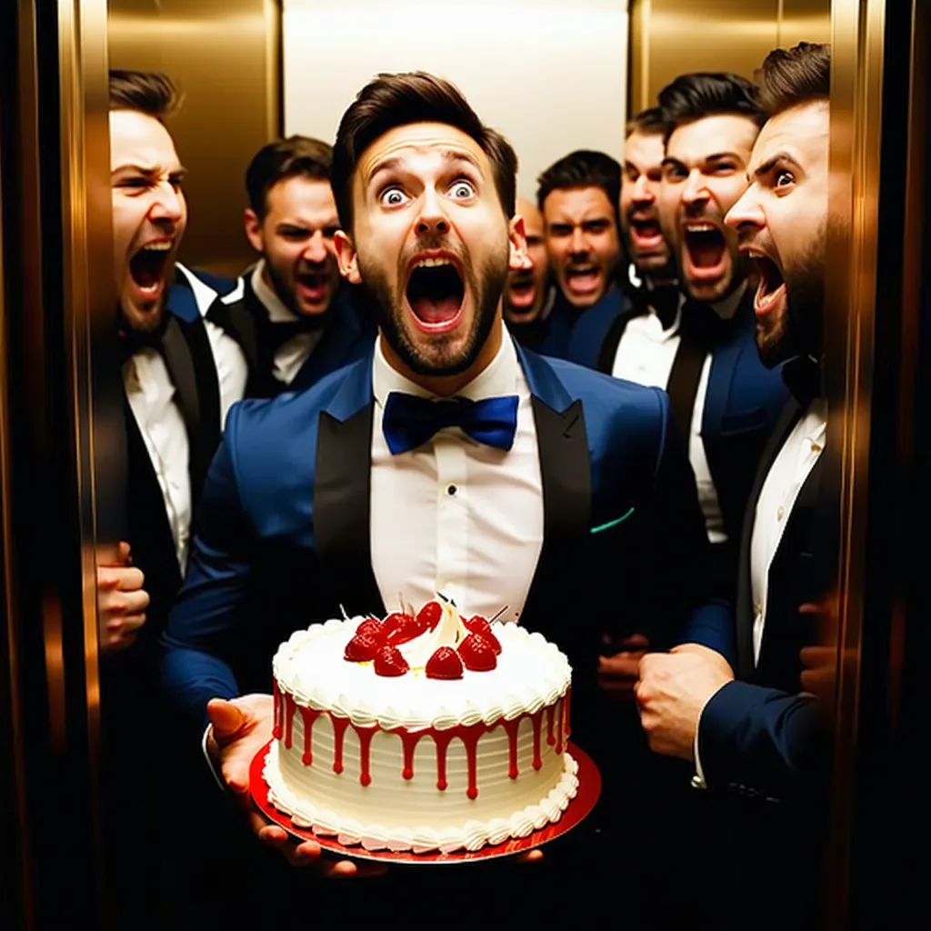 A man holding a cake is surrounded by several people in an elevator.