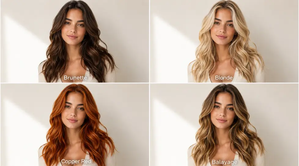 2x2 hair color comparison grid showing the same young woman with AI-generated brunette, blonde, copper red, and balayage hairstyles in a clean studio portrait layout.