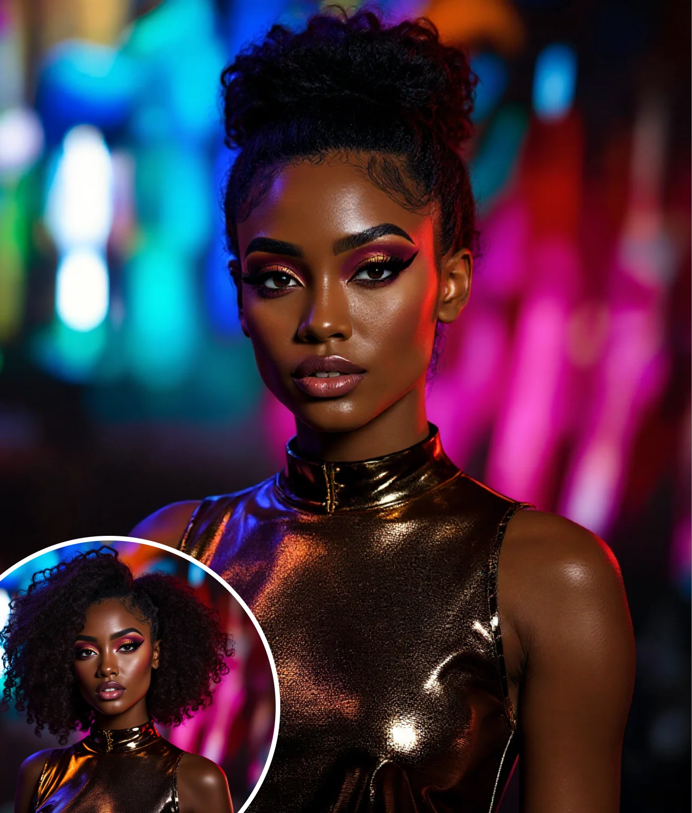 Fashion model showcasing AI Hair Style with glamorous AI hair color transformation