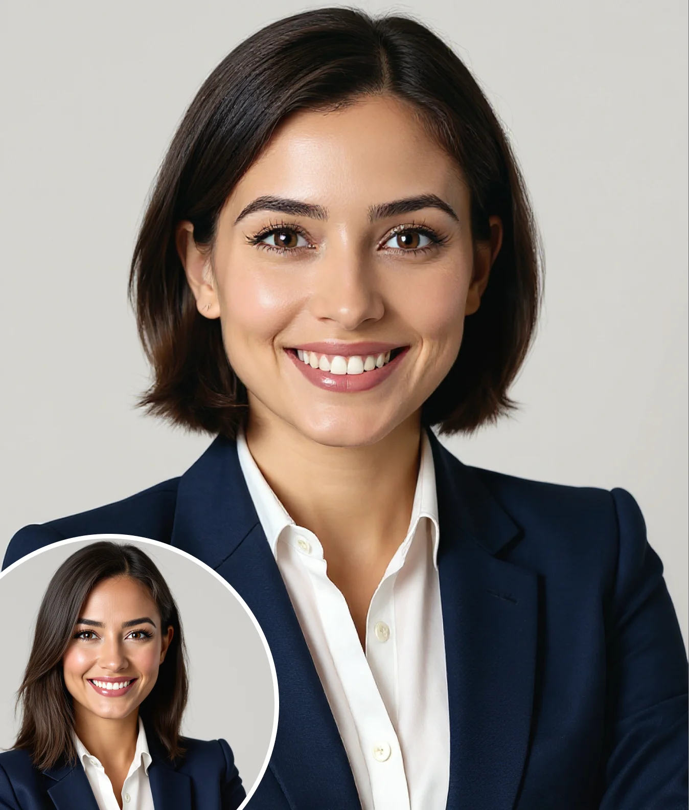 Professional woman with transformed AI hair style and hair color before and after