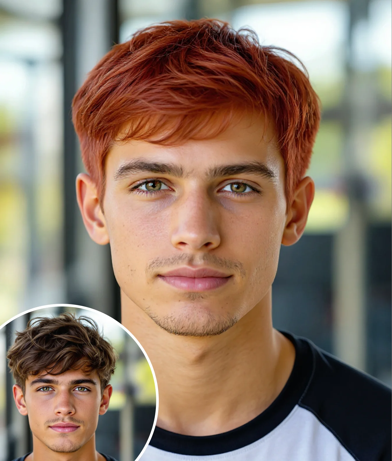 Teen boy displaying before and after results of AI Hair Style change