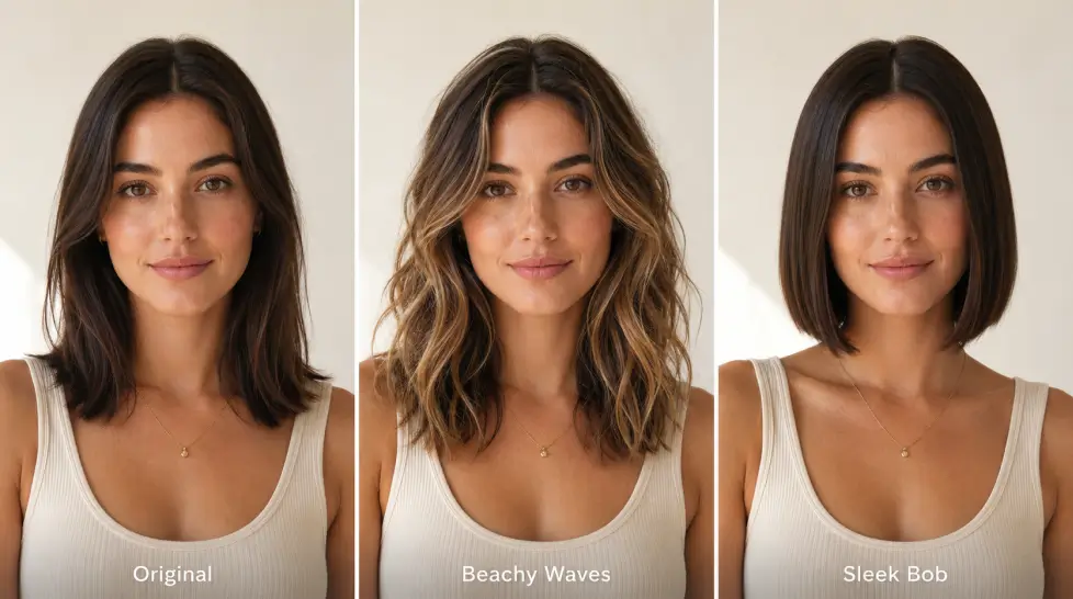 Three-panel hairstyle comparison showing the same young woman with her original straight hair, AI-generated beachy waves, and a sleek bob haircut.