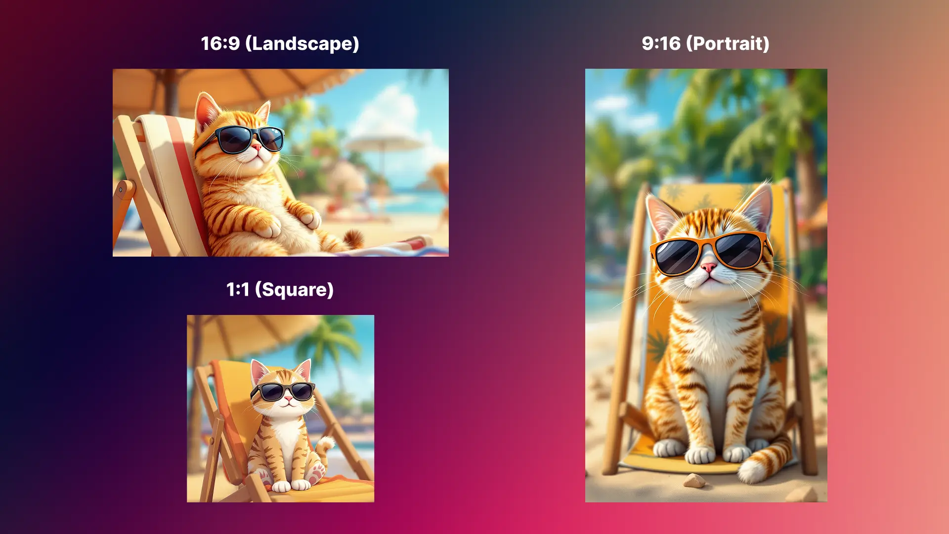 Comparison of AI-generated images of a cat on a beach chair in three different aspect ratios: 16:9 landscape, 1:1 square, and 9:16 portrait, showing how each format affects the framing and composition.