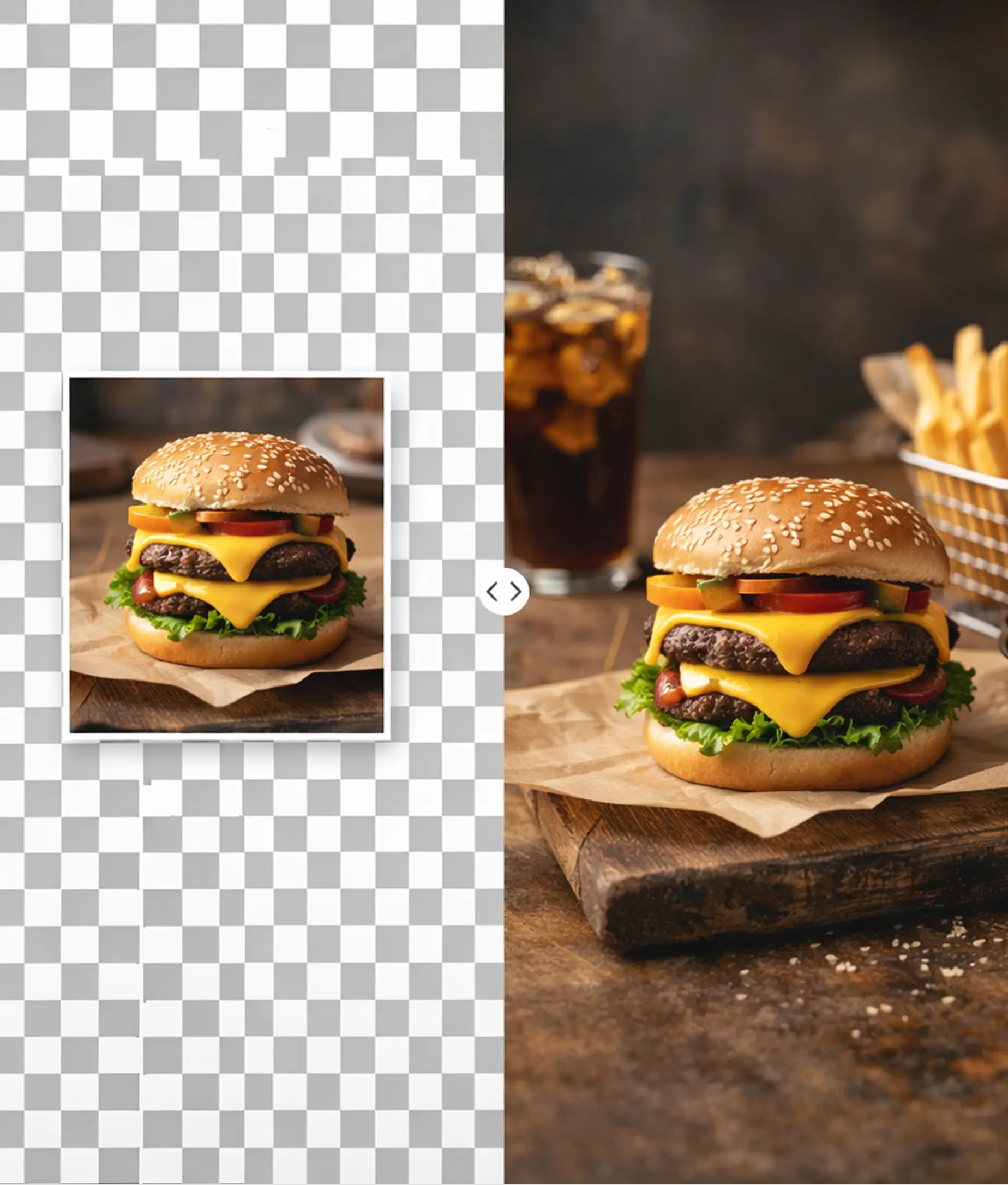 AI image extender expanding burger photo into full food scene with realistic details