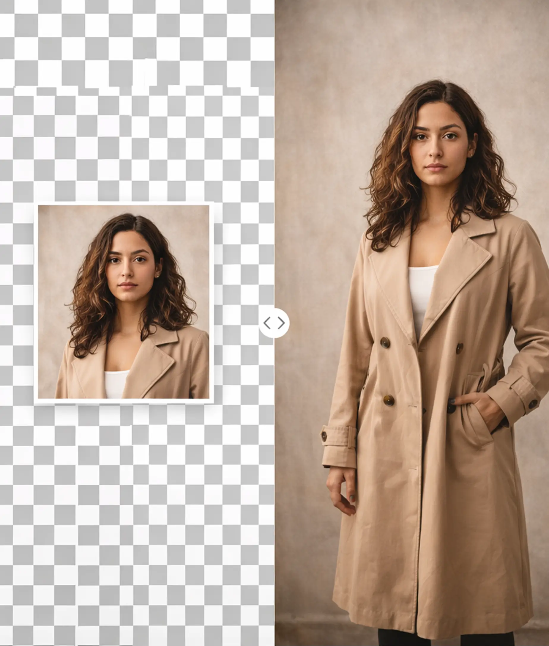 AI image extender expanding portrait into full body fashion photo with studio background