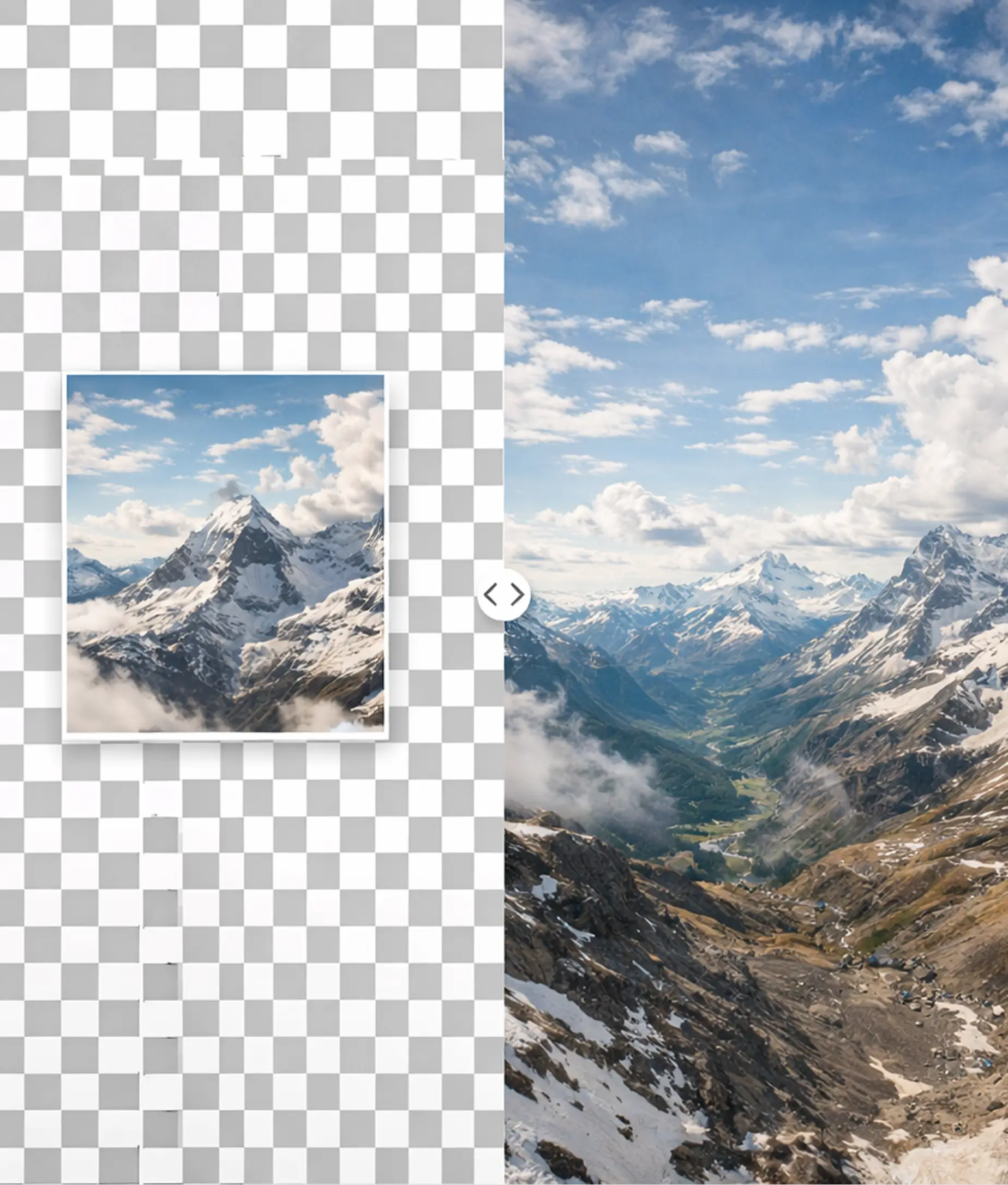 AI image outpainting expanding mountain photo into wide landscape with sky and valley