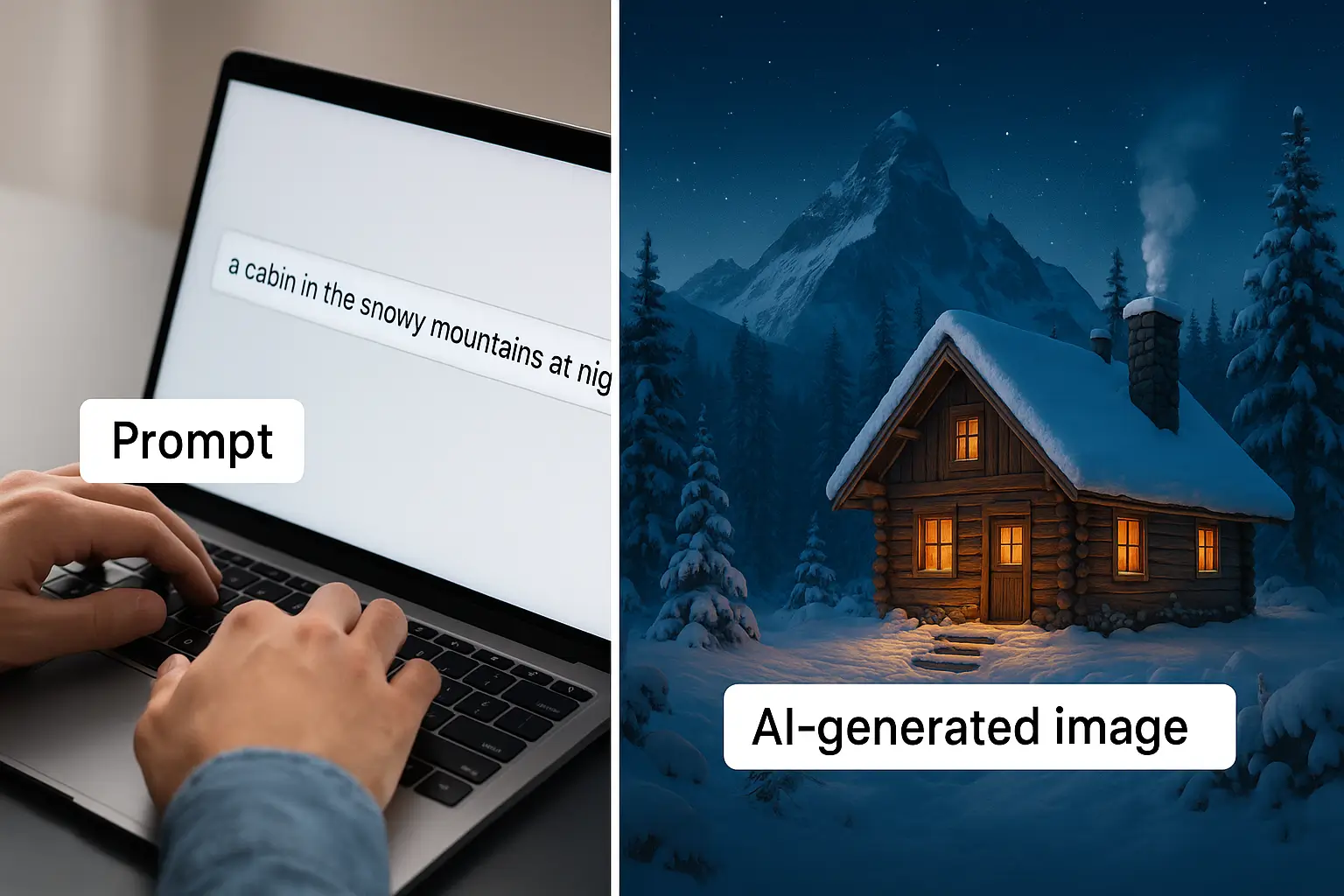 Side-by-side comparison showing a user typing the prompt "a cabin in the snowy mountains at night" on a laptop and the resulting AI-generated image of a snowy mountain cabin at night.