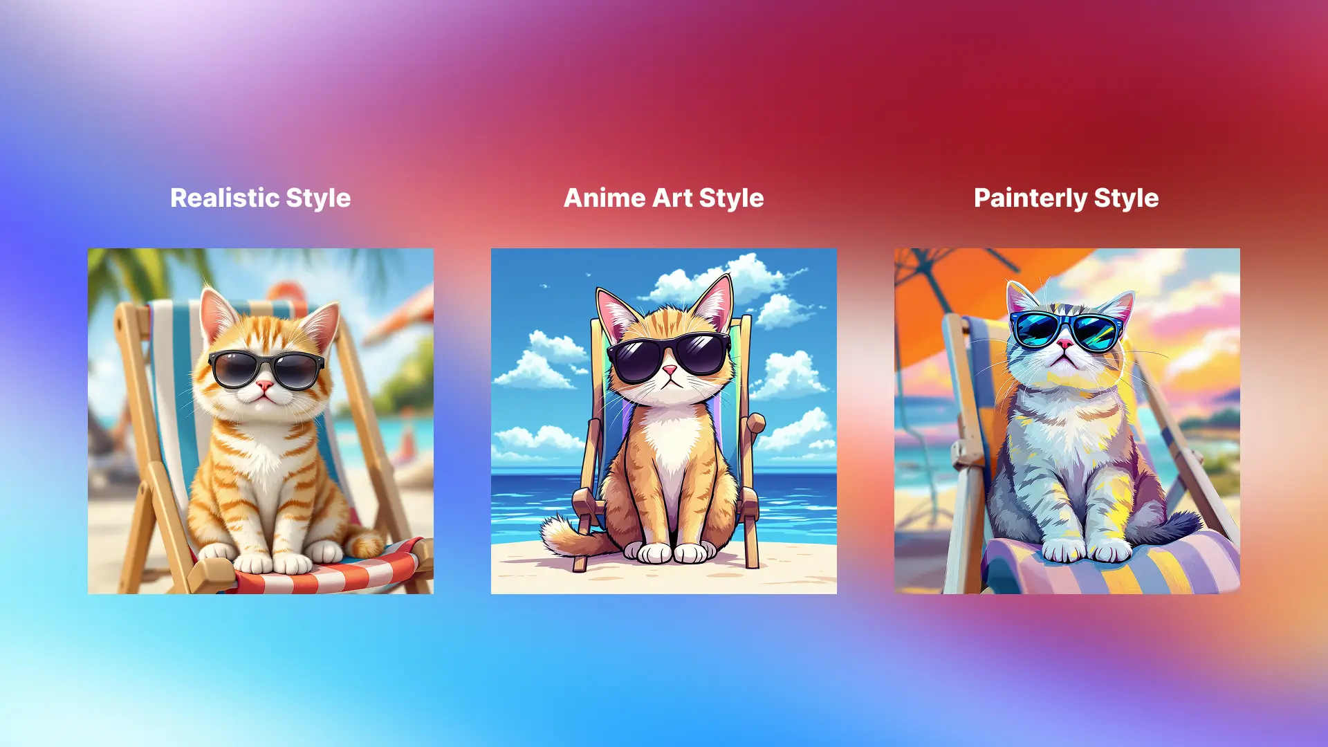 Three AI-generated images of a cat on a beach chair, each shown in a different art style: realistic, anime, and painterly, demonstrating how AI models interpret the same prompt in visually distinct ways.