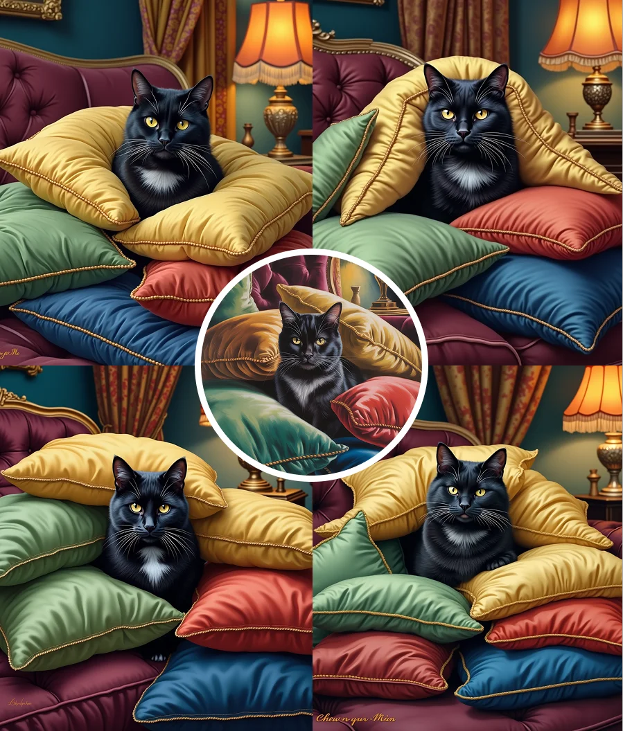 Stylized variations of cozy cat resting on colorful pillows using AI Image Variator tool