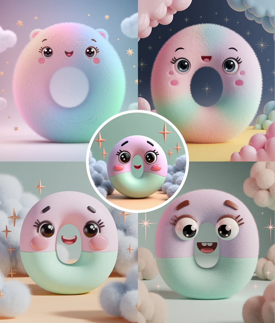 Generated style variations of cute kawaii donut characters using AI Image Variator in pastel tones