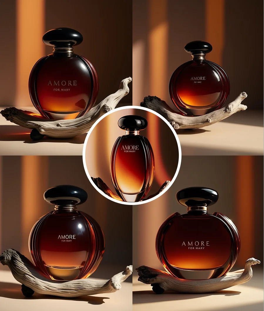 AI Image Variator result showing different visual styles of a perfume bottle product shot with light and mood variations