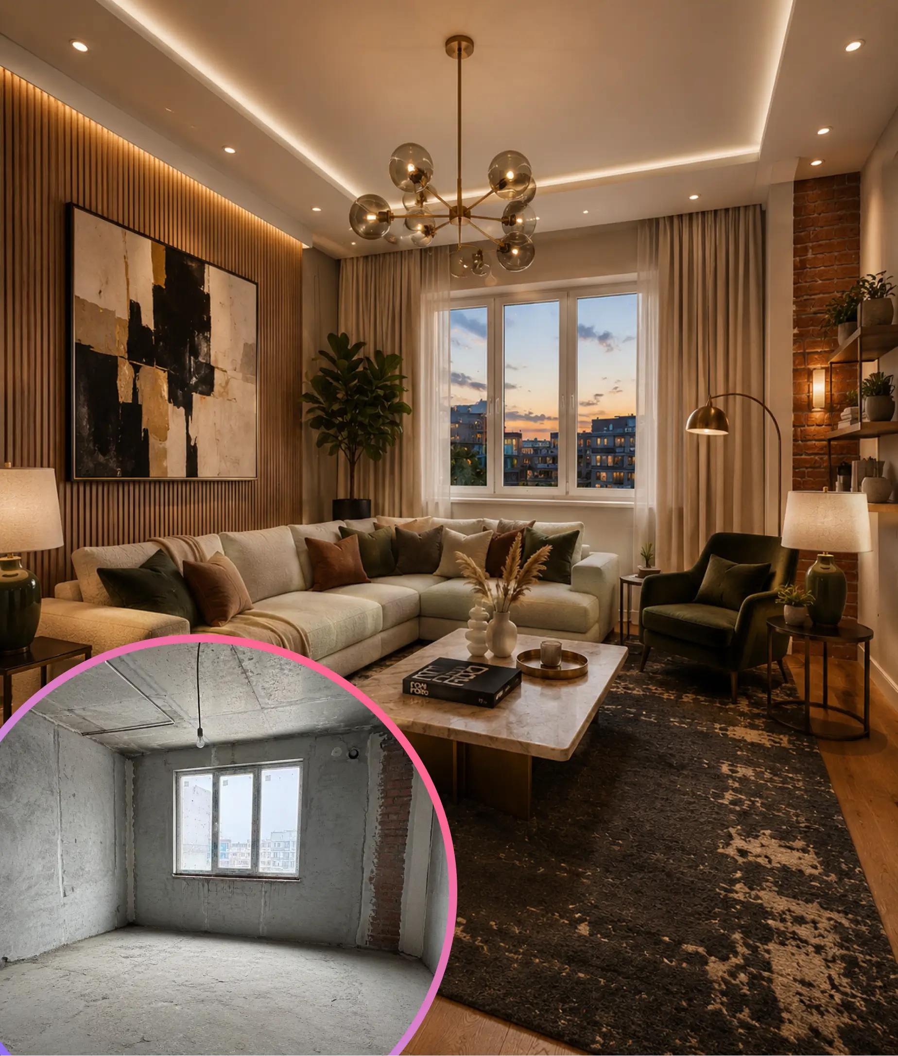AI image editing example showing interior transformation — empty raw concrete construction room transformed into fully furnished premium luxury living room design