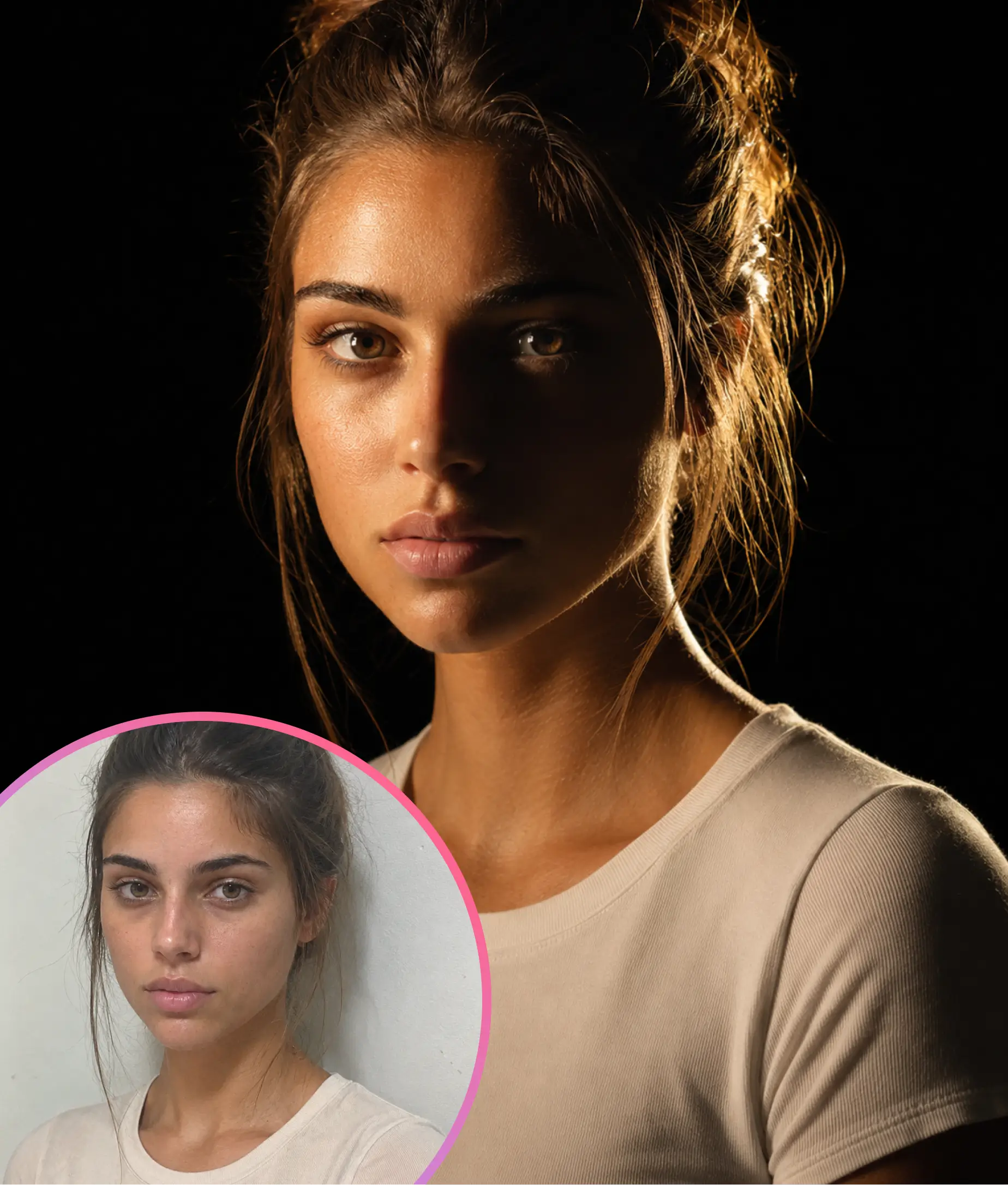 AI image editing example showing dramatic lighting transformation — flat casual phone photo of woman converted into professional Hollywood studio portrait