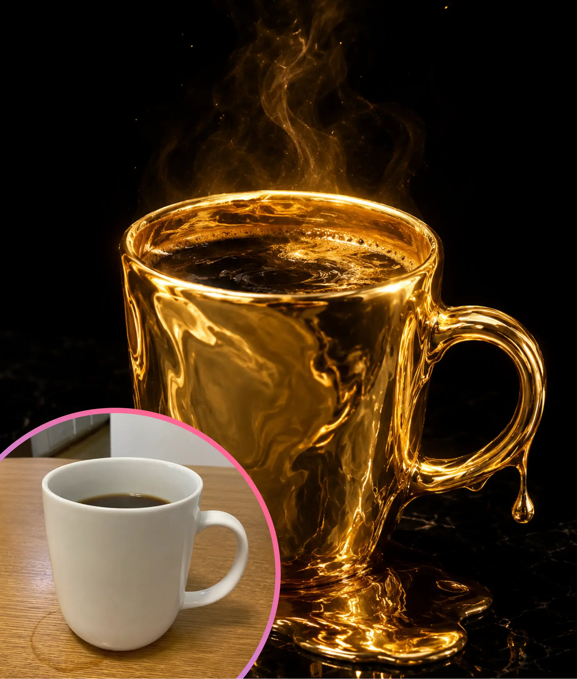 AI image editing example showing material transformation — plain white coffee mug transformed into liquid molten gold art object with dripping gold effect