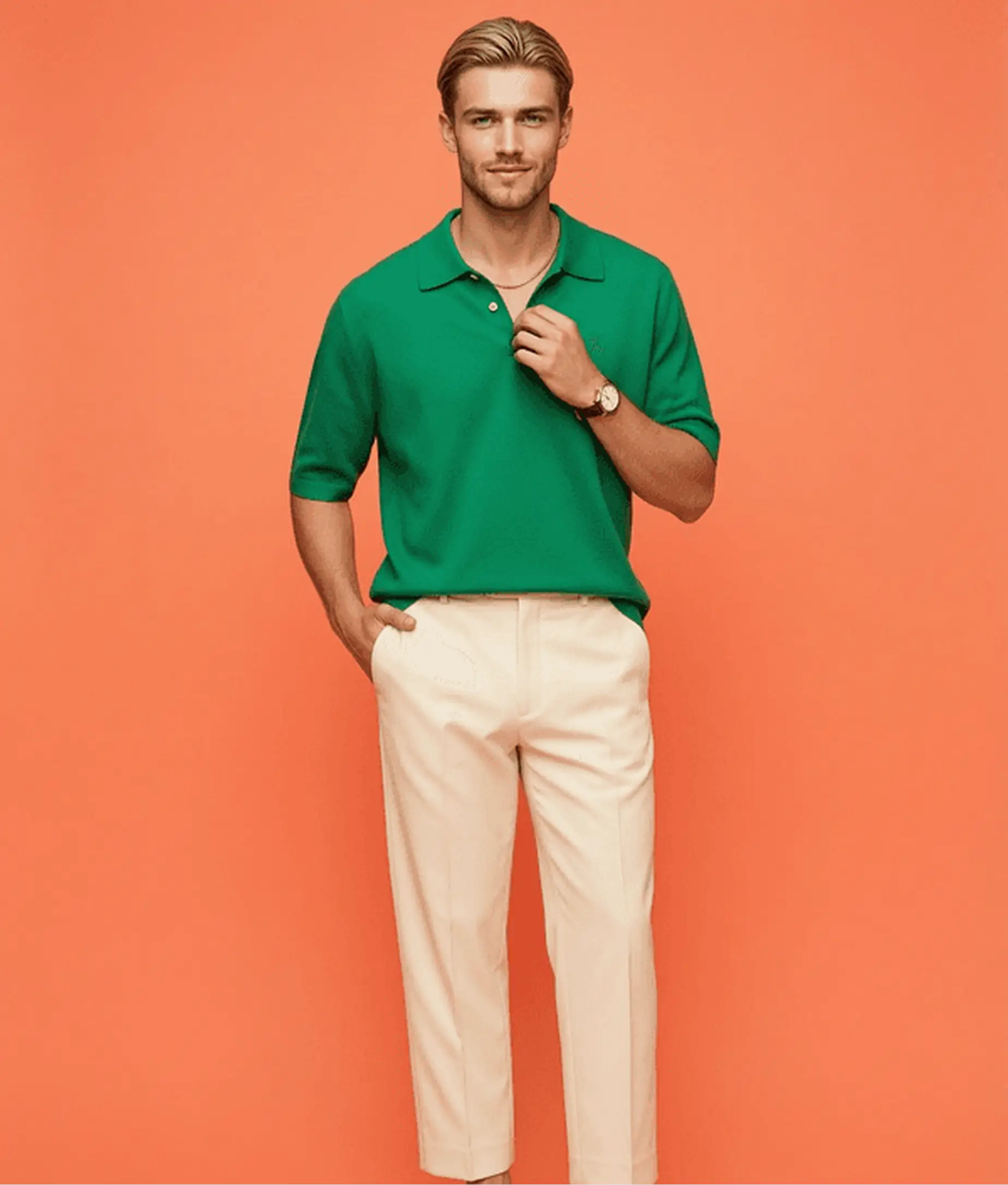 AI model photography example showing man in full body casual fashion campaign wearing green polo shirt and cream trousers on orange background