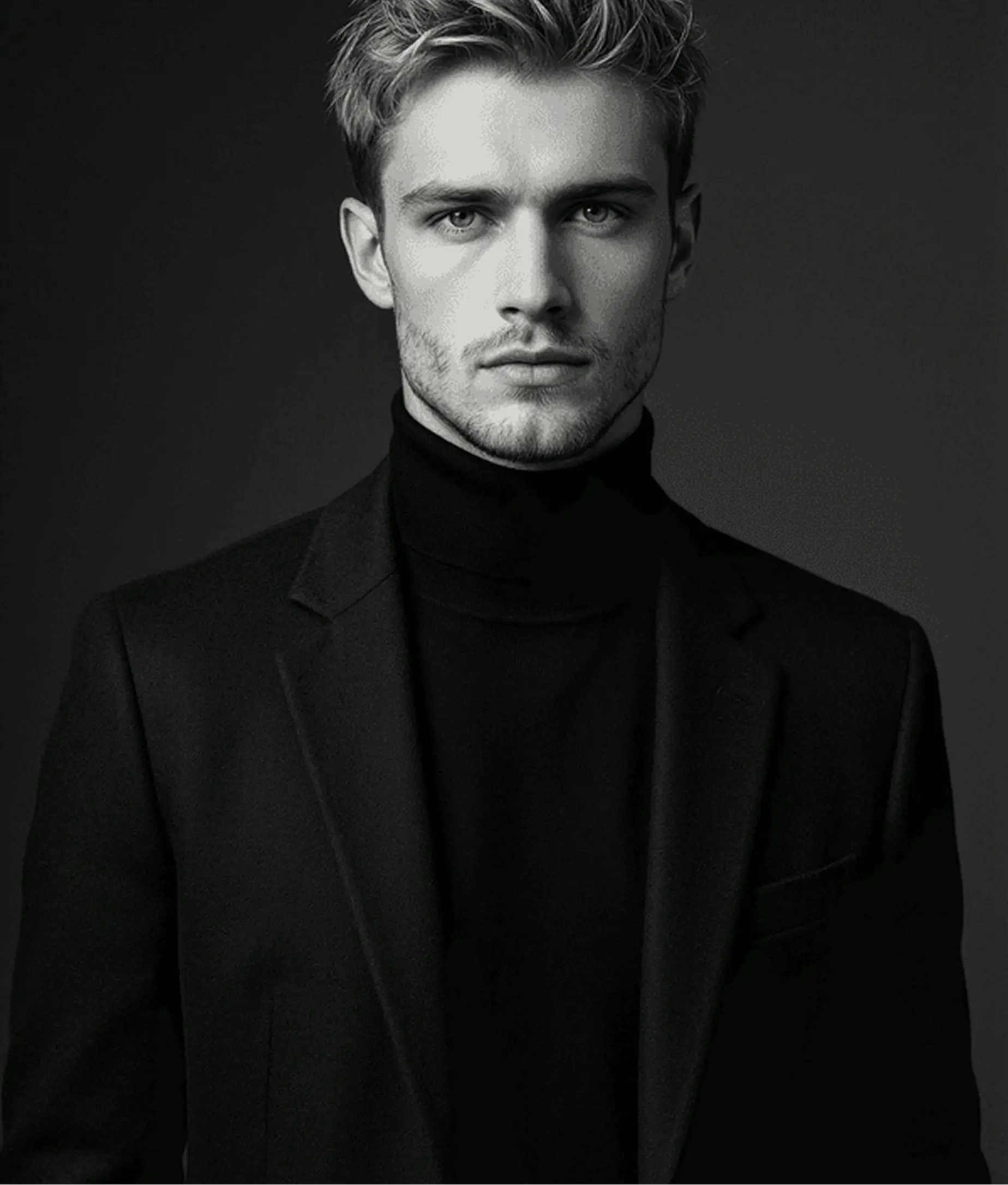 AI model photography example showing man in ultra dramatic dark luxury portrait wearing black turtleneck with cinematic studio lighting