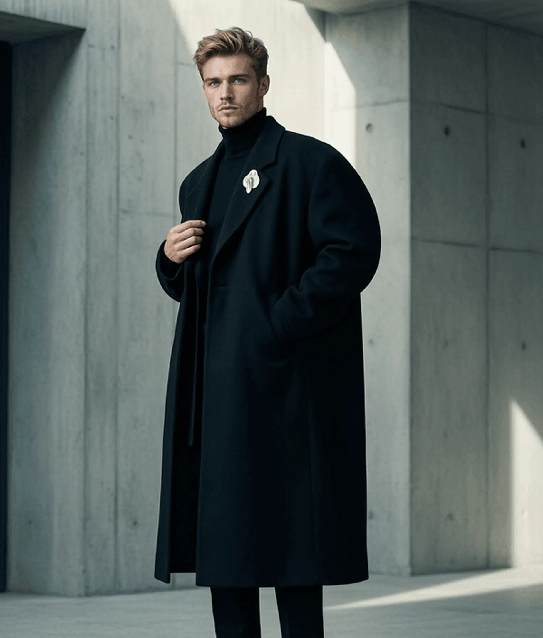 AI model photography example showing man in minimalist architectural fashion shoot wearing long black overcoat against concrete wall background