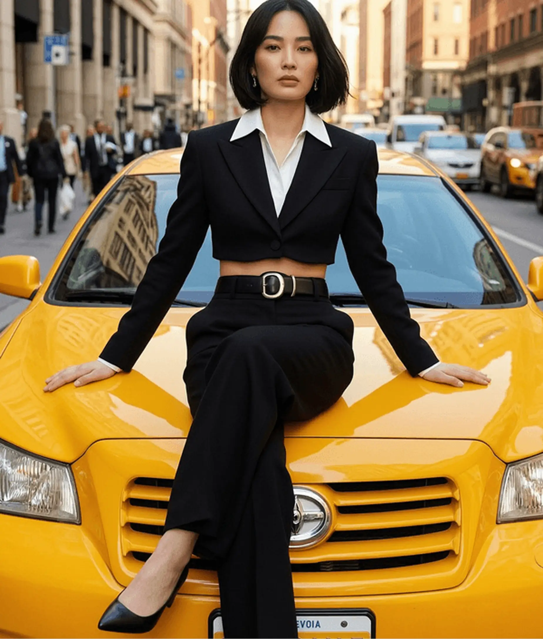 AI model photography example showing Asian woman in urban street fashion campaign wearing black power suit seated on yellow New York taxi cab