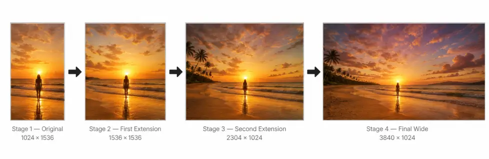 Four-stage workflow diagram showing a golden sunset beach photo progressively expanded with AI outpainting from a narrow original crop to a wide cinematic panorama.