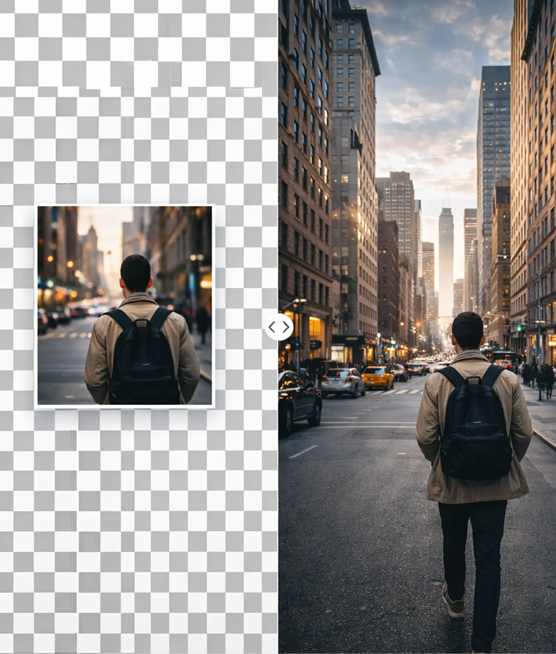 AI photo extension turning cropped city image into full street view with buildings