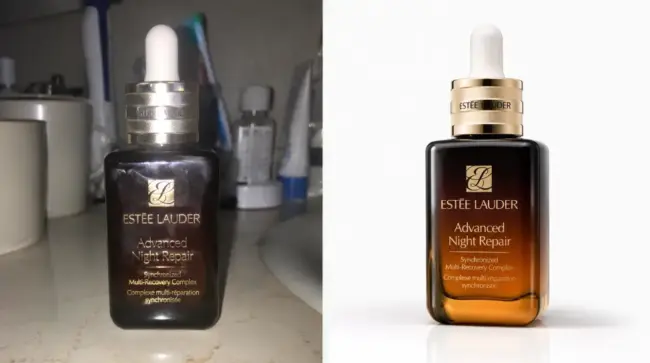 Split-screen before-and-after image of the same skincare serum bottle, showing a blurry amateur bathroom counter photo on the left and a polished AI-enhanced studio product photo on the right.