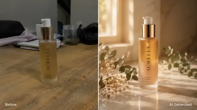 Before and after AI product photography comparison showing a skincare serum bottle transformed from a casual phone snapshot on a wooden table into a luxury beauty product photo on marble with soft lighting, eucalyptus, and floral styling.