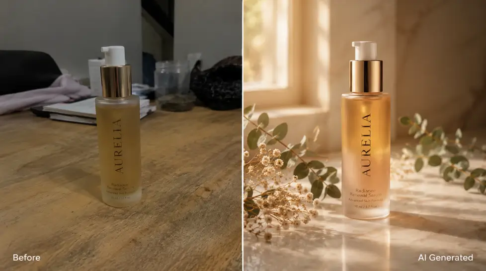 Before and after AI product photography comparison showing a skincare serum bottle transformed from a casual phone snapshot on a wooden table into a luxury beauty product photo on marble with soft lighting, eucalyptus, and floral styling.