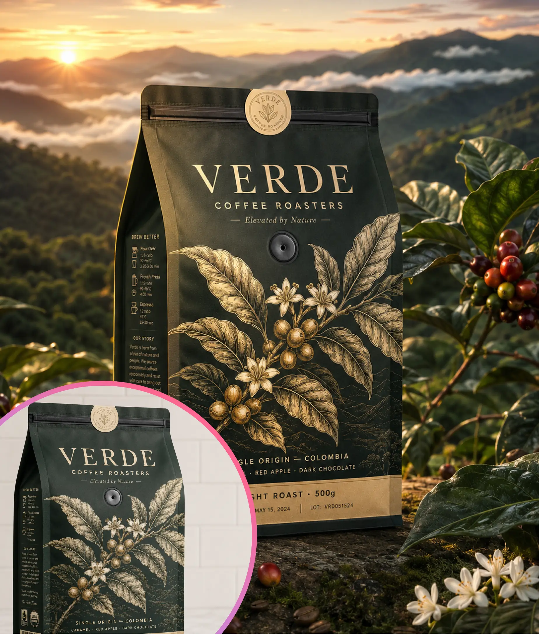 AI product photography example showing premium Verde coffee bag placed in Colombian mountain landscape at golden hour sunrise with real coffee plants