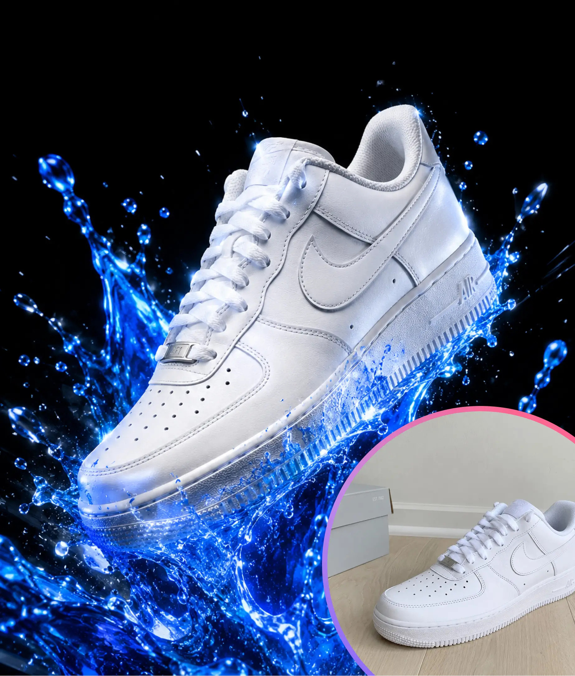 AI product photography example showing white Nike Air Force 1 sneaker with dramatic blue water splash explosion on pure black background campaign shot