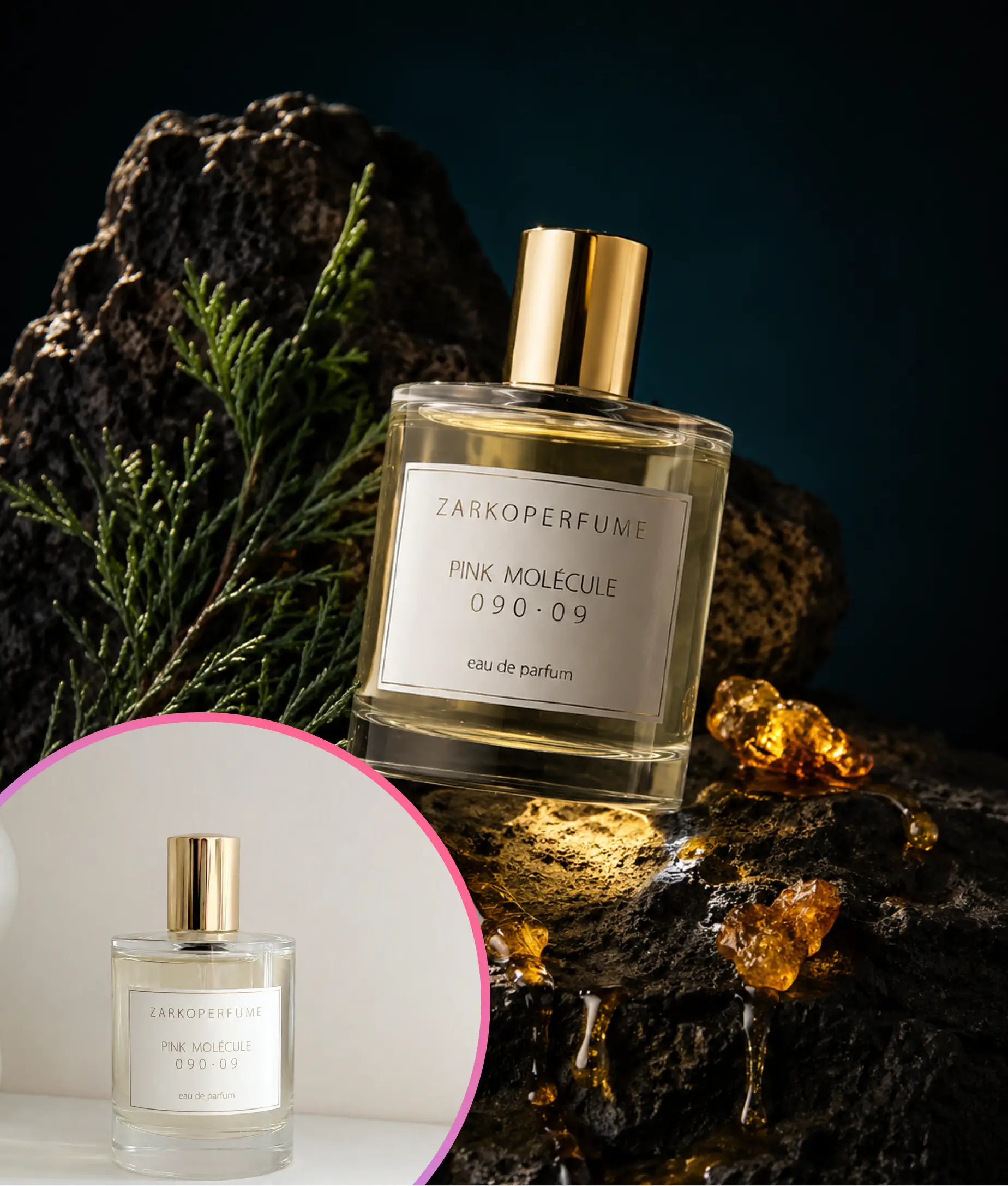 AI product photography example showing perfume bottle transformed into dark luxury campaign shot with volcanic black rock amber resin and pine botanical props