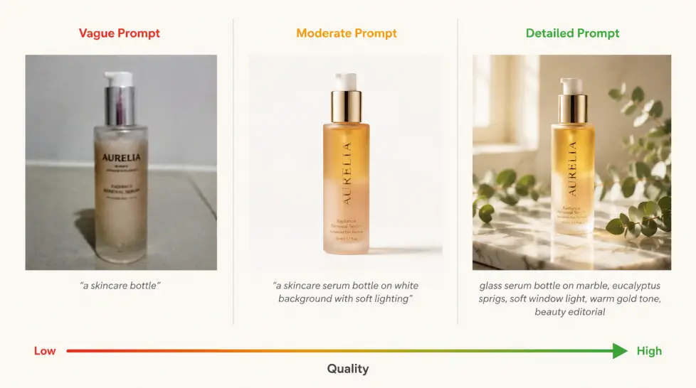 Infographic comparing vague, moderate, and detailed AI product photography prompts, showing how prompt detail improves skincare serum bottle image quality from blurry basic output to luxury marble product photo.