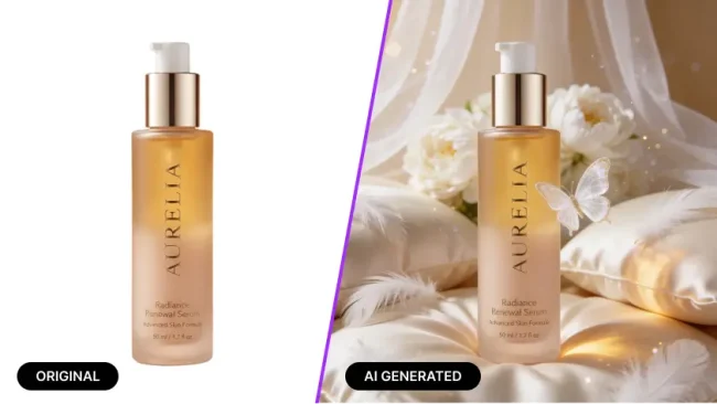 AI product photography example showing a skincare serum before and after transformation from a plain product image to a studio-quality AI generated product photo
