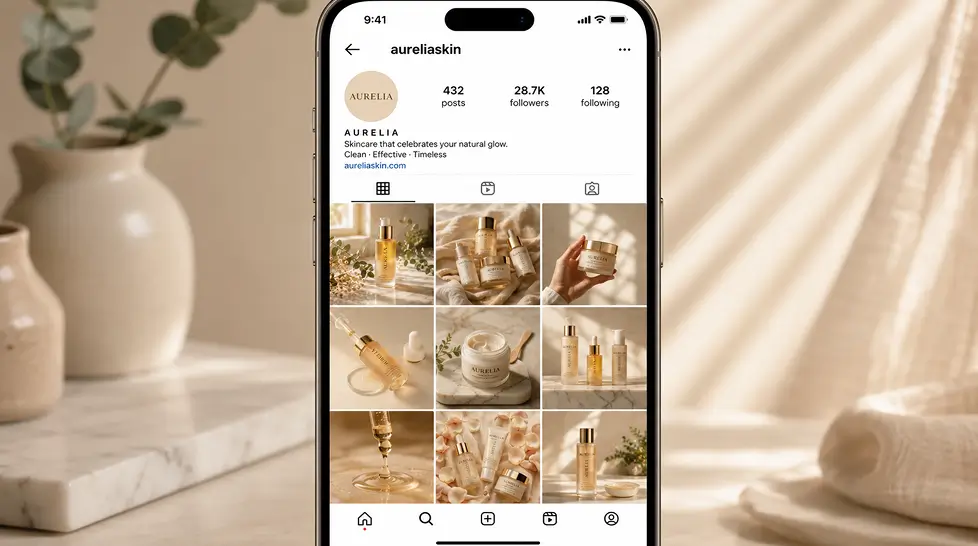 Smartphone mockup showing a cohesive skincare brand Instagram profile grid with nine AI-generated product photos in warm cream tones, featuring serum bottles, moisturizer jars, eucalyptus, marble, rose petals, and soft natural window light.