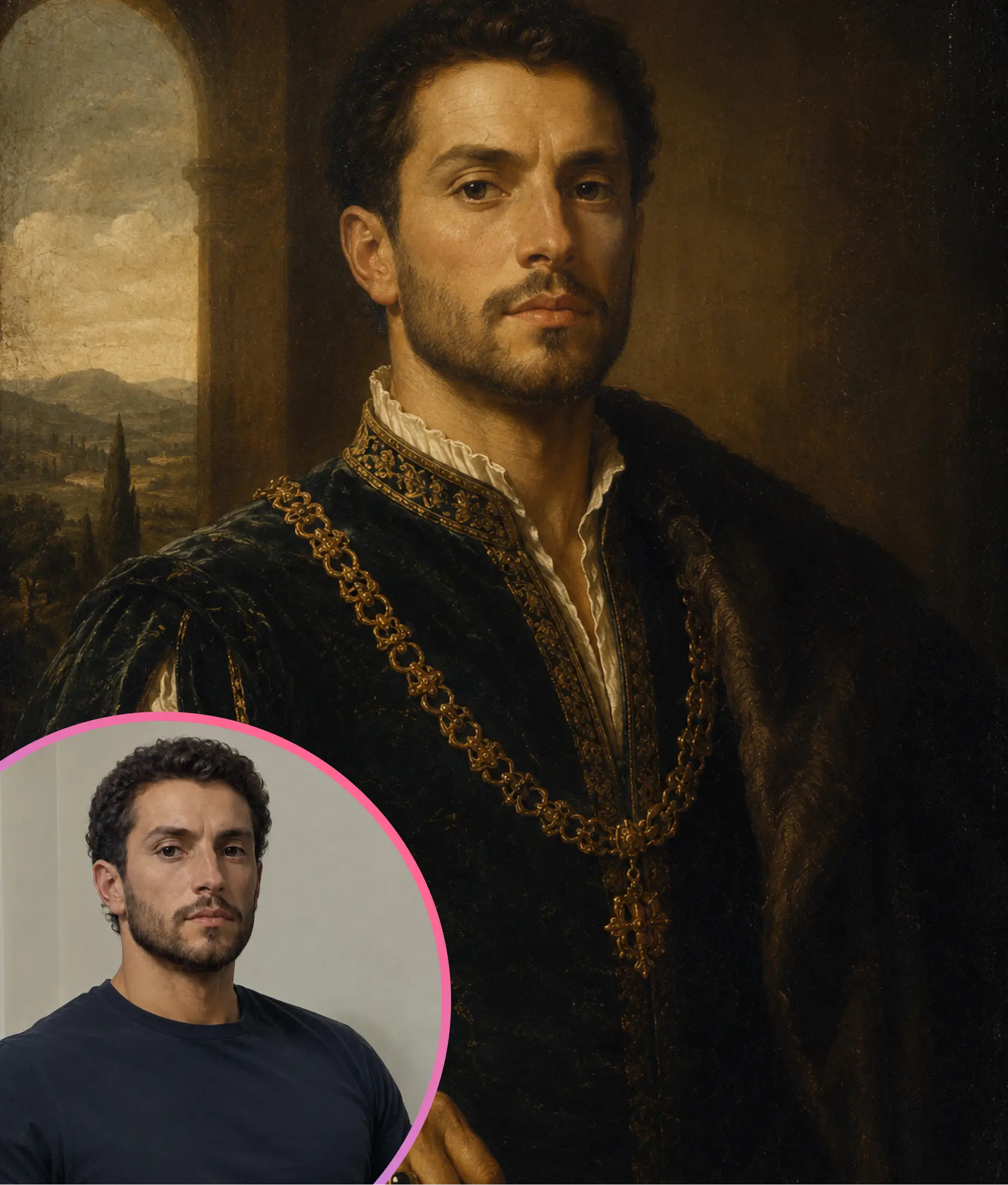 AI image editing example showing modern man portrait transformed into a classical Italian Renaissance oil painting with authentic nobleman costume and background