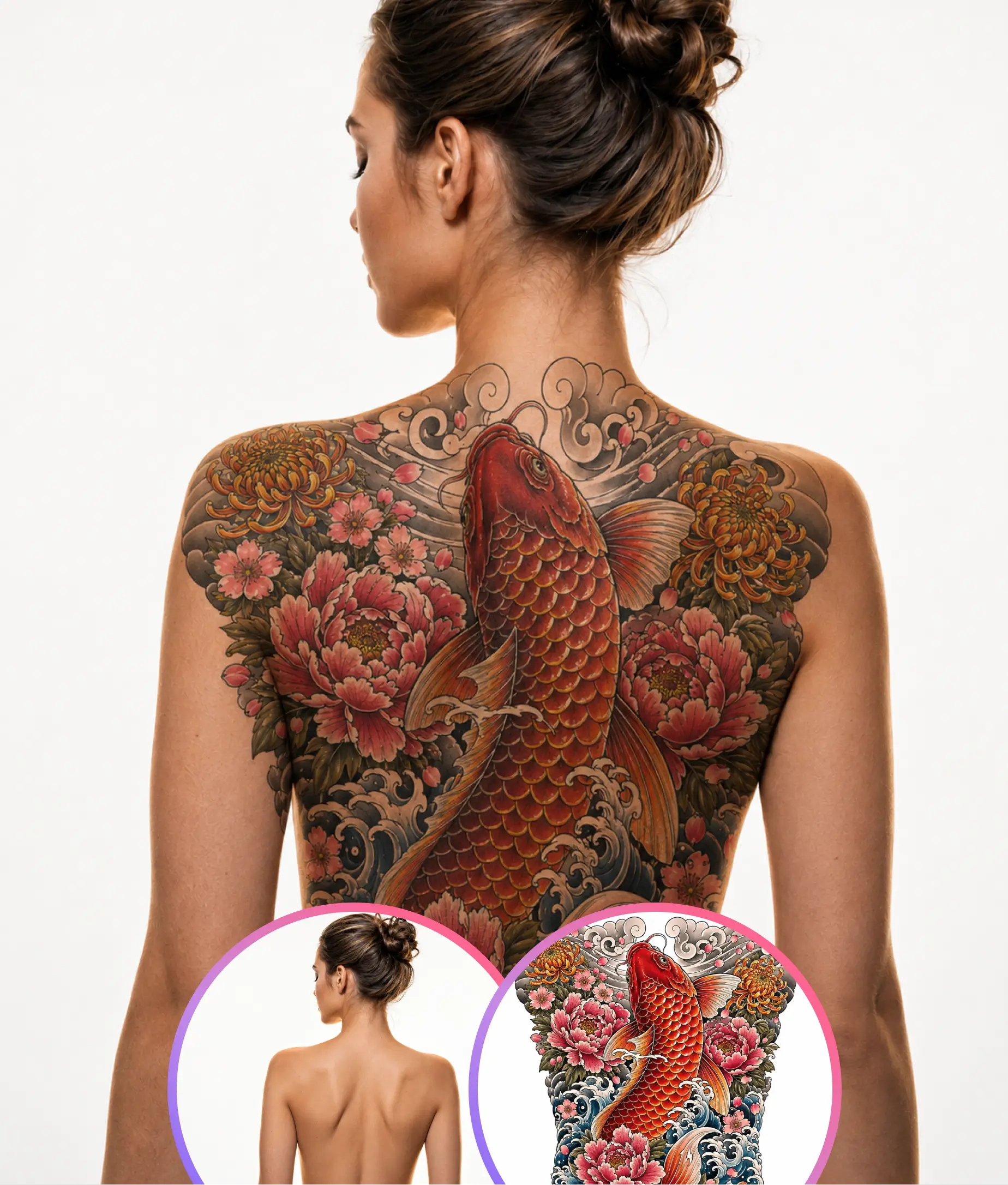 AI image editing example showing tattoo transformation — clean bare back transformed with full Japanese irezumi back piece featuring koi fish peony flowers and wavestransformed into a classical Italian Renaissance oil painting with authentic nobleman costume and background