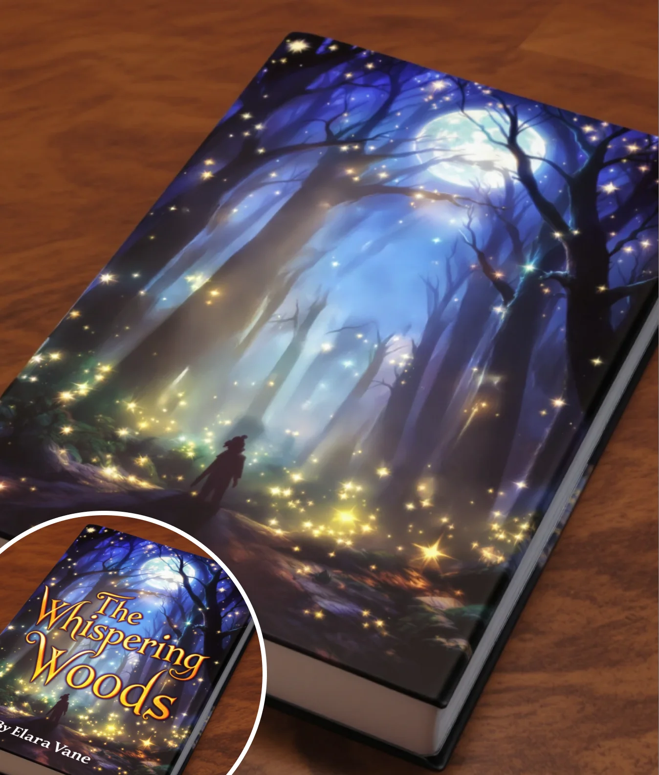 Fantasy novel book cover image titled 'The Whispering Woods' with full text overlay—example for removing text from book cover using AI