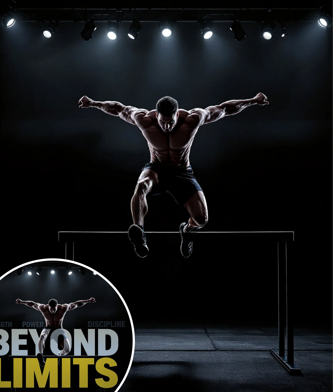 Dark fitness-themed poster showing athlete mid-jump with bold motivational text 'Beyond Limits' and background words—ideal for AI text cleanup