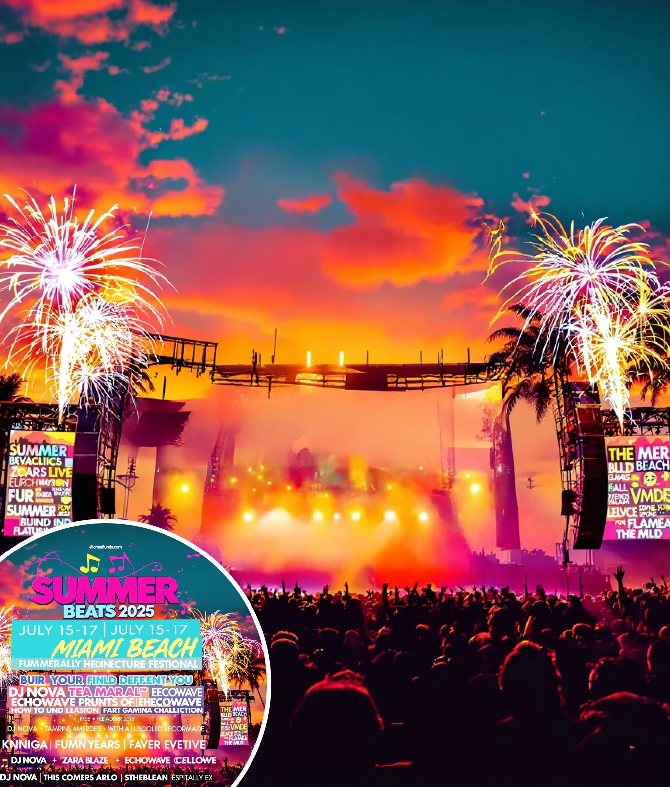 Colorful summer music festival flyer with bold overlaid text including event name, location, and dates—ideal example for AI text removal tool