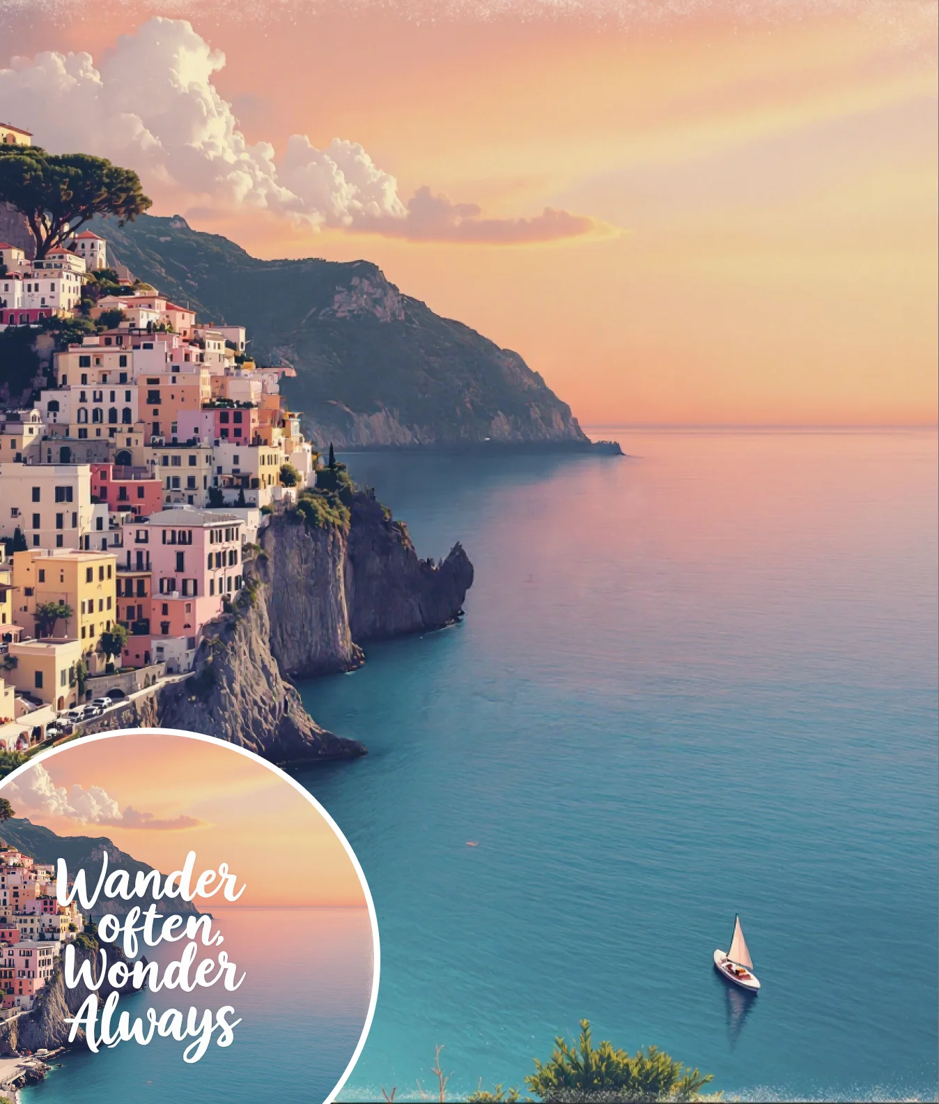 Scenic Amalfi Coast sunset travel poster with quote 'Wander Often, Wonder Always' across center—used to demonstrate AI text eraser from image