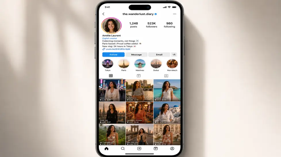 Smartphone mockup showing an Instagram-style travel influencer profile with a curated 3x3 grid of the same woman in iconic destinations including Tokyo, Paris, Maldives, Dubai, Marrakech, Santorini, Bali, New York, and Rome.