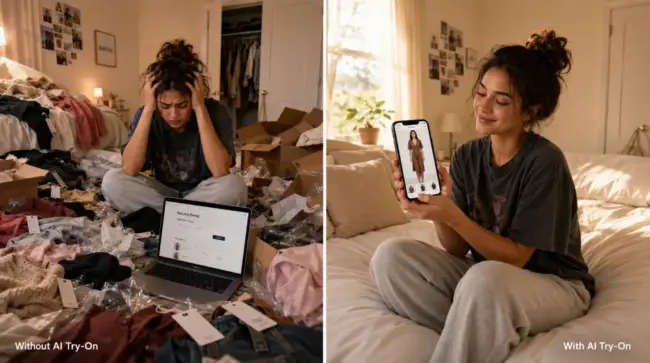 Side-by-side comparison showing a frustrated woman surrounded by clothing returns without AI Try-On and the same woman relaxed on a tidy bed using an AI virtual try-on app on her phone.