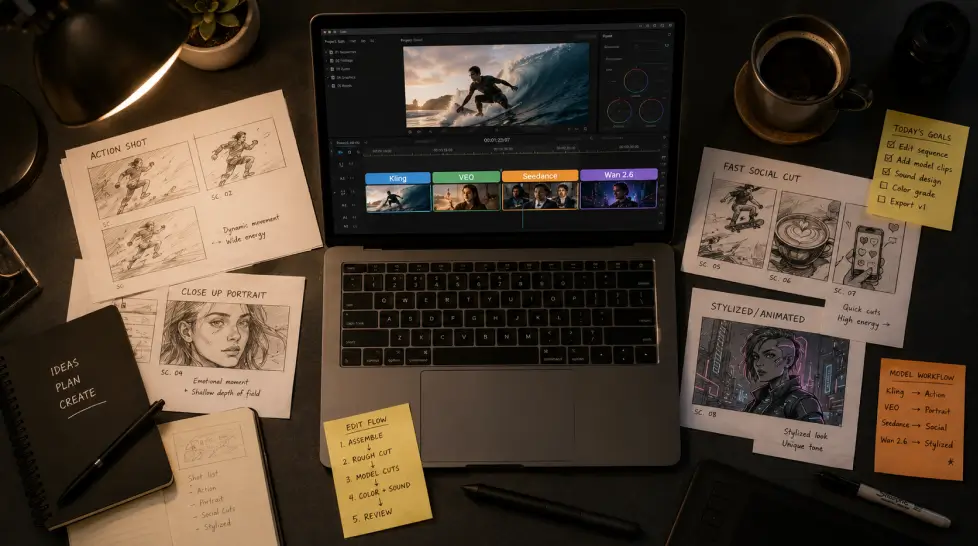 Top-down flat lay of a creative video editor workspace with a laptop showing a timeline interface labeled Kling, VEO, Seedance, and Wan 2.6, surrounded by storyboard sketches, sticky notes, coffee, and editing tools on a dark desk.