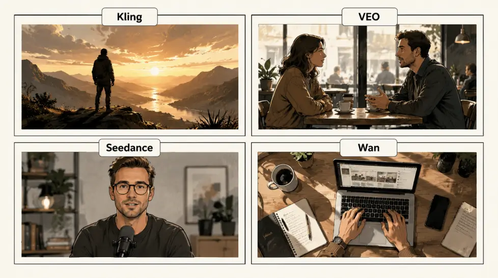 Storyboard-style comparison graphic with four panels labeled Kling, VEO, Seedance, and Wan, showing a cinematic hero shot, cafe dialogue scene, talking head interview, and overhead desk b-roll scene.