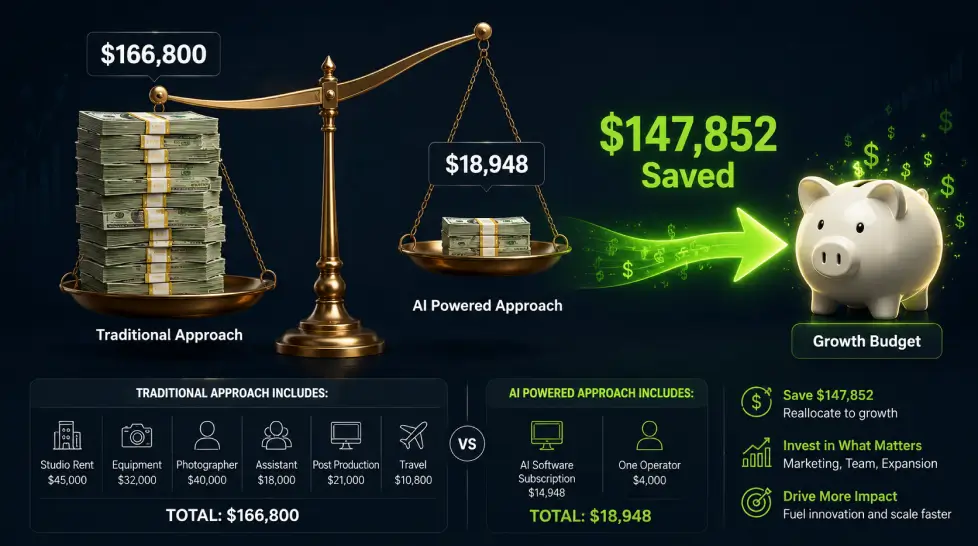 Financial infographic comparing traditional costs of $166,800 with AI-powered costs of $18,948, showing $147,852 saved and redirected into a growth budget.