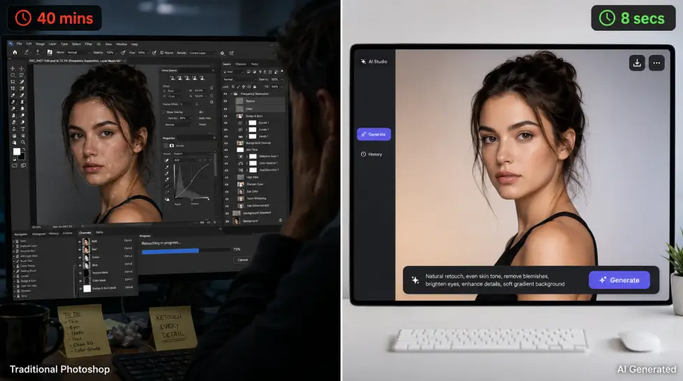 Split-screen comparison showing traditional Photoshop editing taking 40 minutes with a complex layered interface versus AI-generated photo editing completed in 8 seconds with a clean prompt-based interface.
