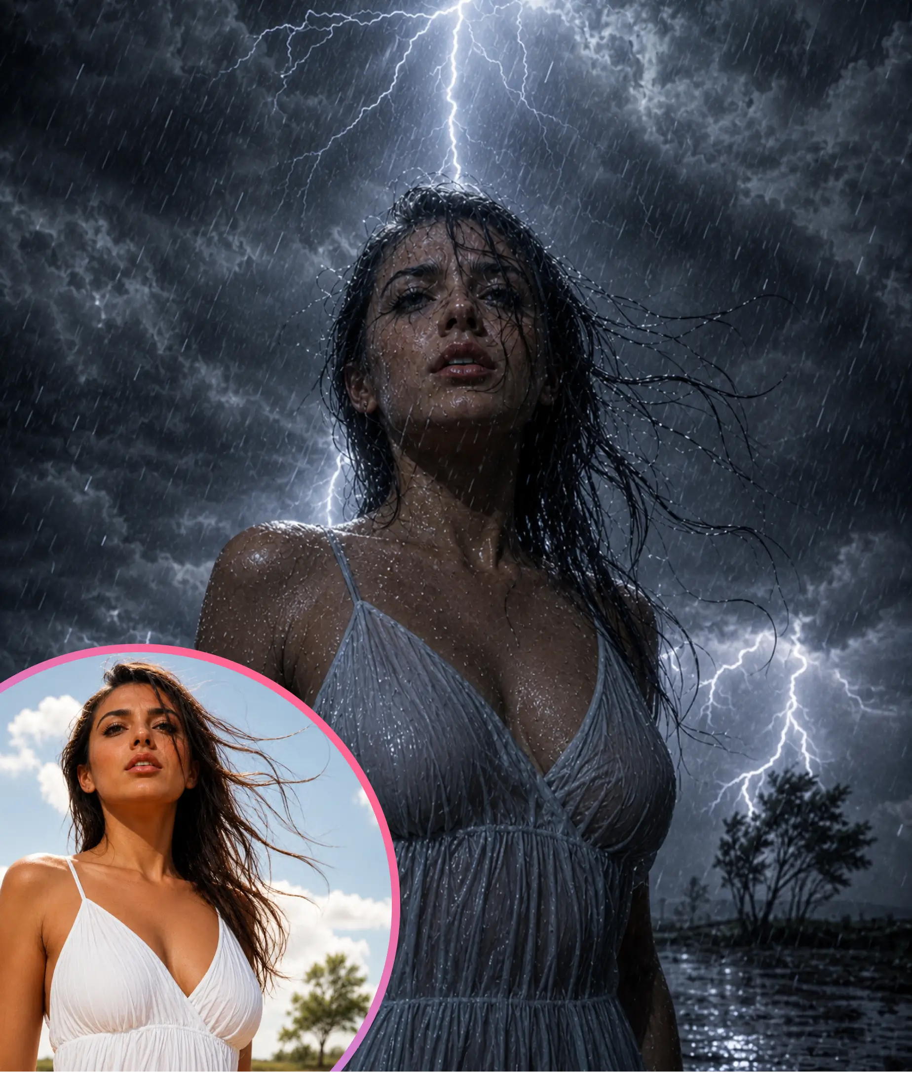 AI image editing example showing weather transformation — woman in sunny day photo transformed into dramatic stormy lightning scene with wet skin and dark sky