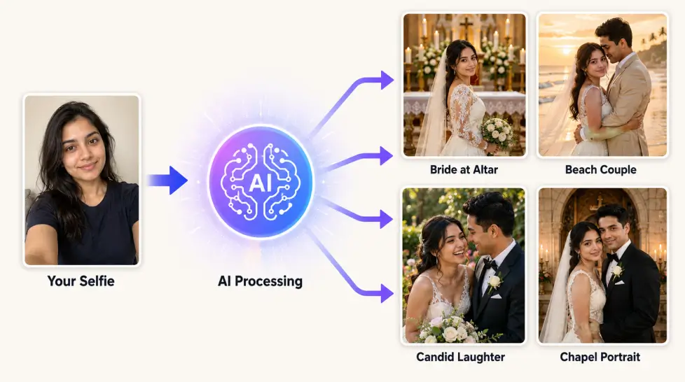 Infographic showing a selfie transformed through AI processing into four wedding portrait styles, including bride at altar, beach couple, candid laughter, and chapel portrait.