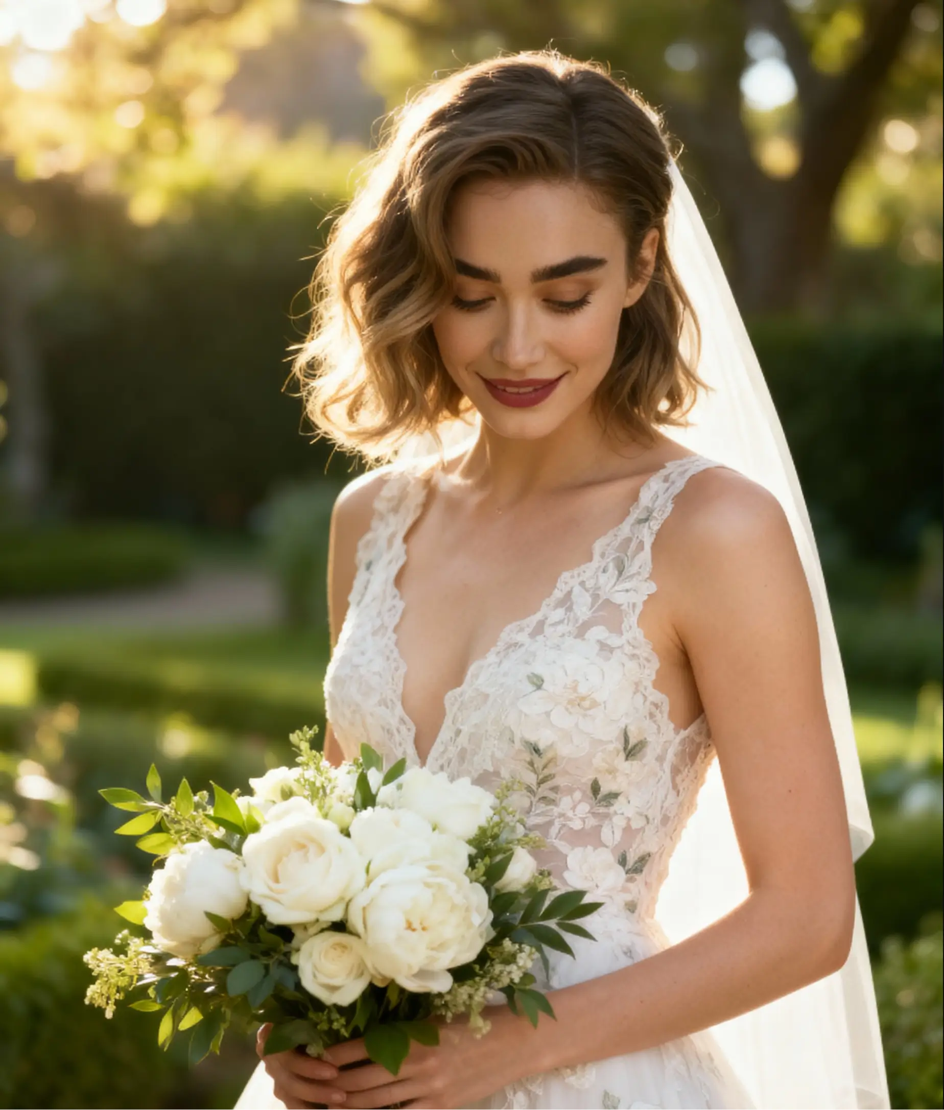 Bride holding a white rose bouquet in a serene garden, part of a premium AI Wedding Shoot style.
