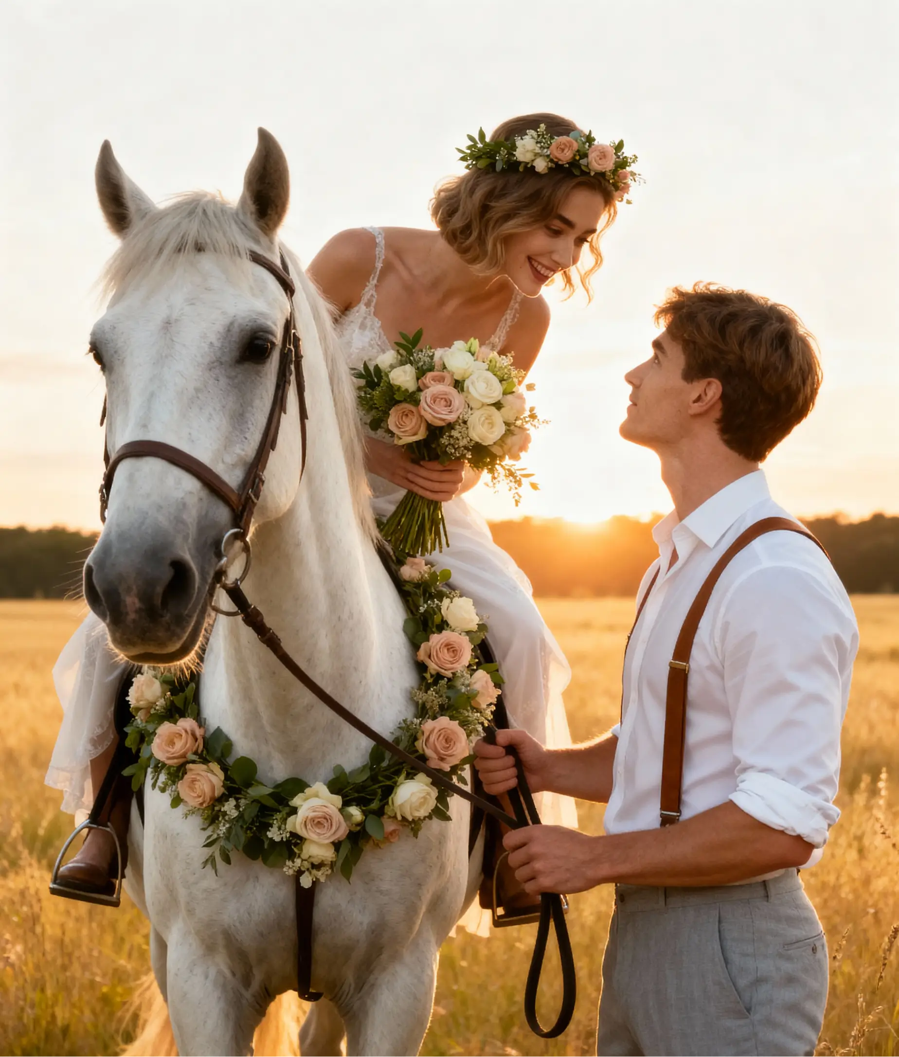 Bride on a white horse decorated with floral garlands during an AI Wedding Shoot in a sunset meadow.
