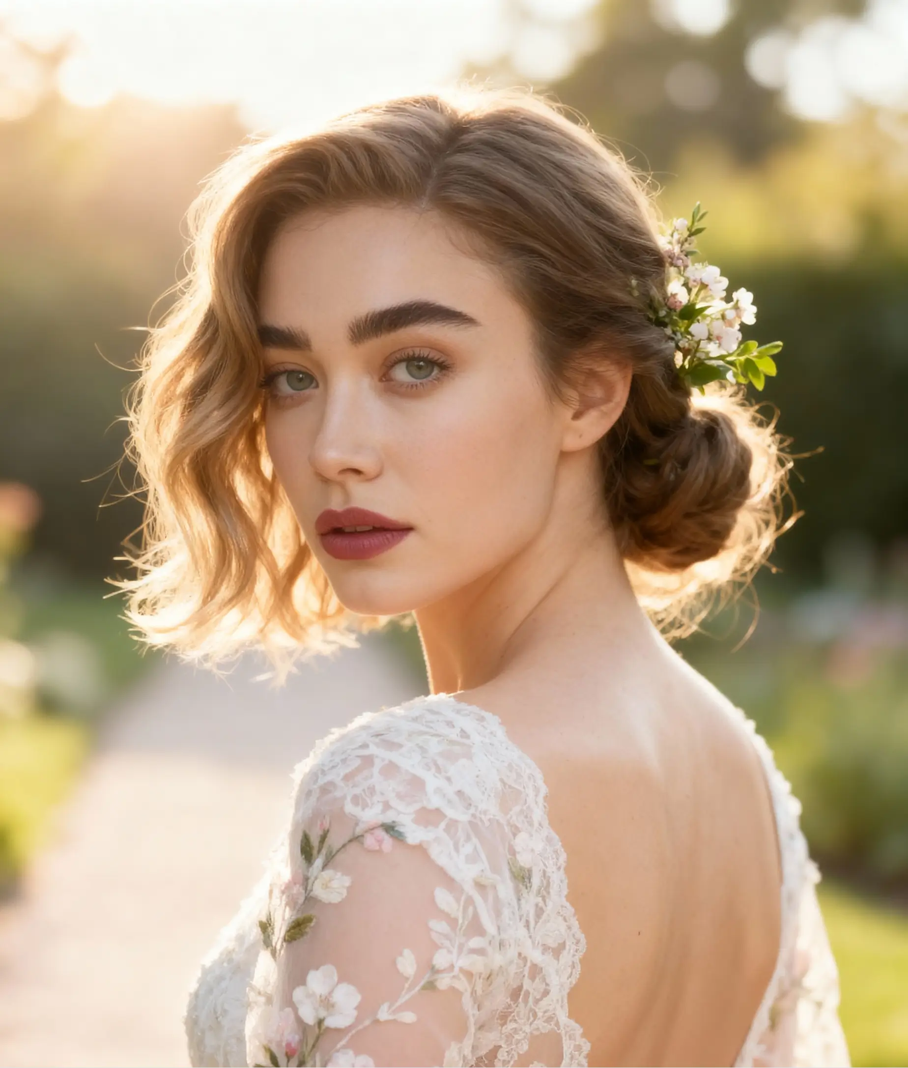 Bride captured in soft golden sunlight during an AI Wedding Shoot, wearing a lace gown with floral details.